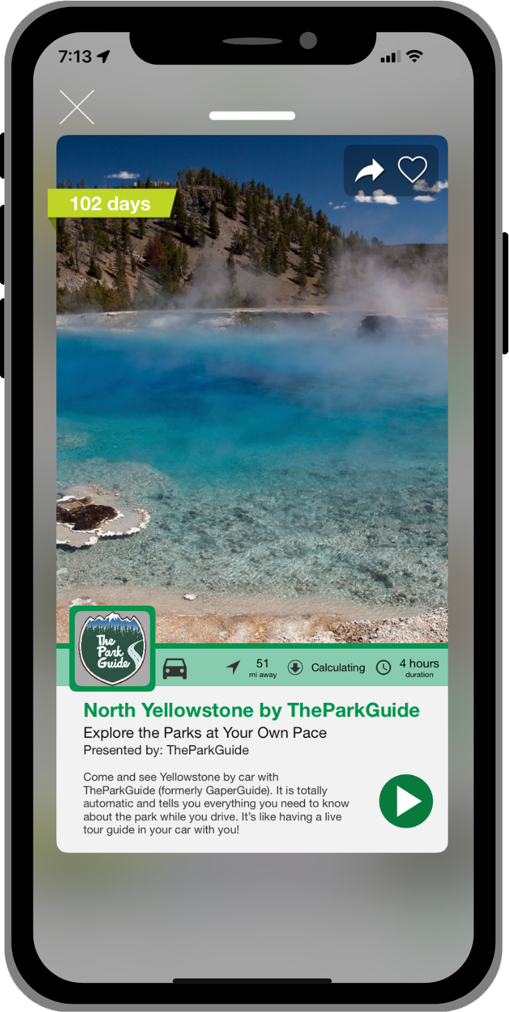 TheParkGuide app showing North Yellowstone tour