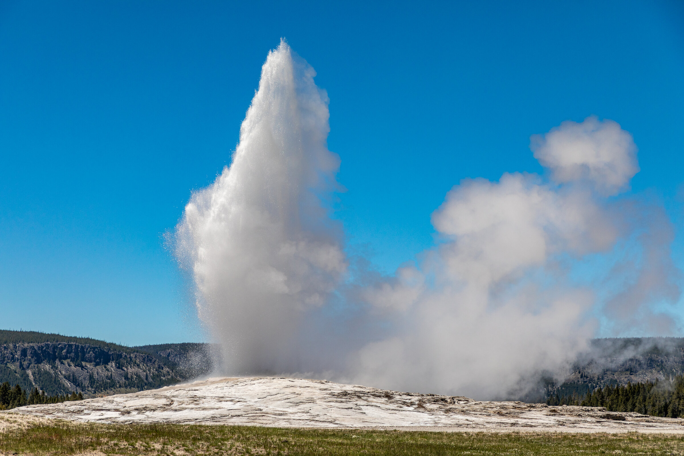 Old Faithful geyser erupting in Yellowstone
